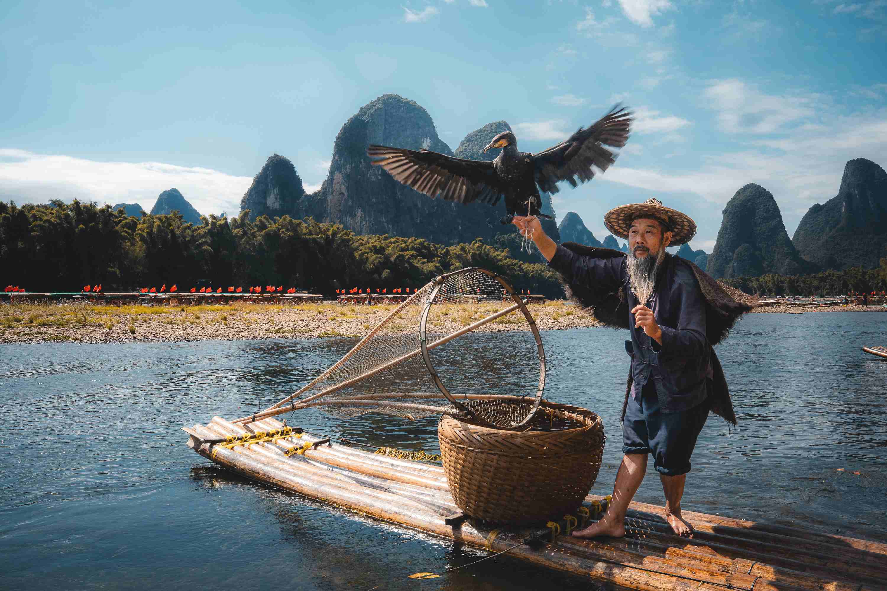 Fisherman with cormorant on a bamboo raft at night in Guilin, China