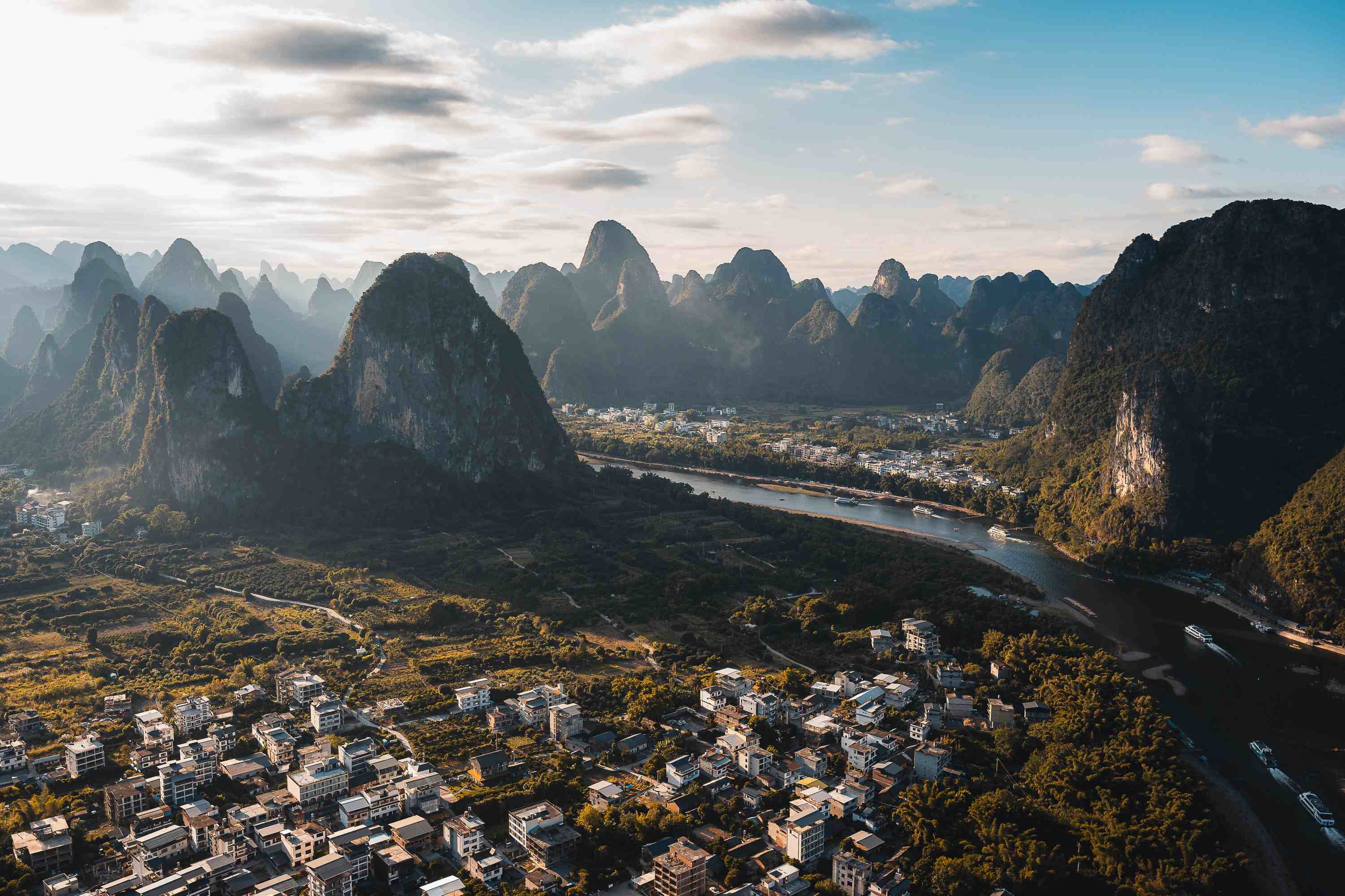 Karst mountains rising from the Li River in Yangshuo, China